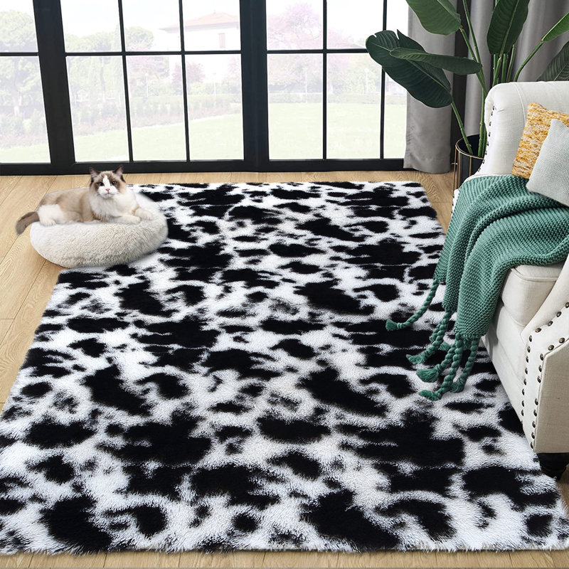 Fluffy Shag Area Rugs for Living Room Bedroom Fuzzy Shaggy Tie-dye Rugs for Kids Room Nursery Non Slip Rug Indoor Black and White Rug for Girls Boys Playroom Dorm Home Decor