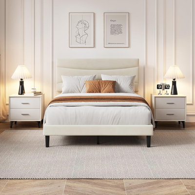 Structure de lit double tapissier pleine grandeur en velours avec tête de lit, support en lattes de bois, rangement sous le lit, aucun sommier requis, beige, chambre à coucher moderne