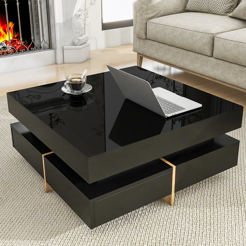Table basse moderne ultra brillante avec 4 tiroirs, table basse carrée, Noir