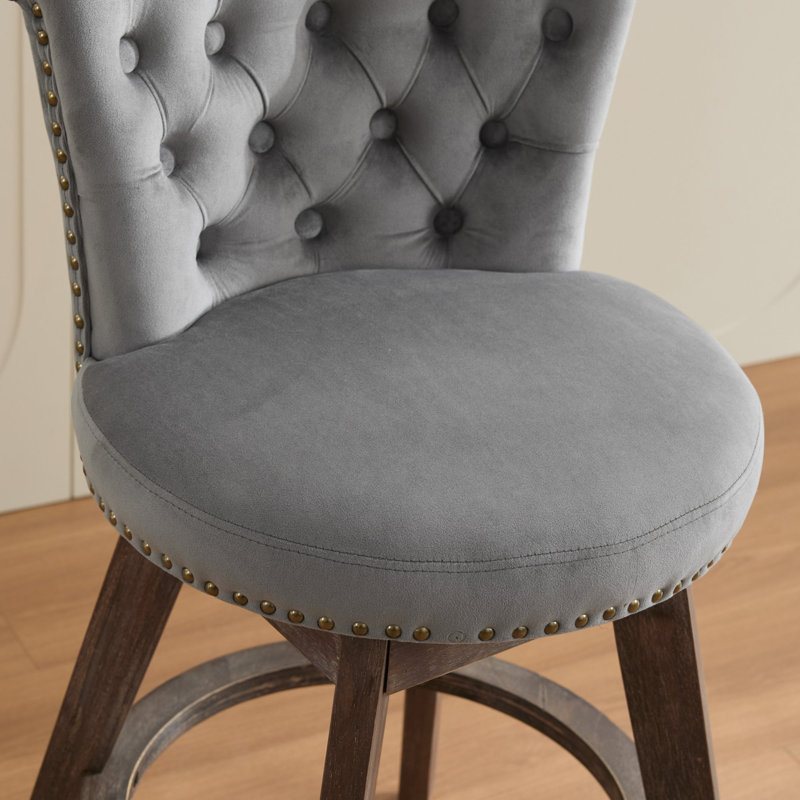 (Set Of 2) 18" W X 36" H Luxury Medieval Modern Style Velvet Upholstered Bar Stools, With Back And Hand Tufted Button Trimmed Edges Rubberwood Base Frame Counters