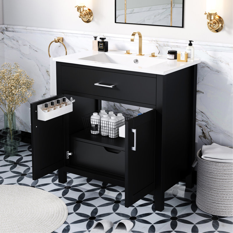 Meuble-lavabo de 30 pouces avec lavabo en céramique et nombreuses tablettes pour les articles de toilette - optimiser l'organisation. Les produits Classic Space organisent votre salle de bain.