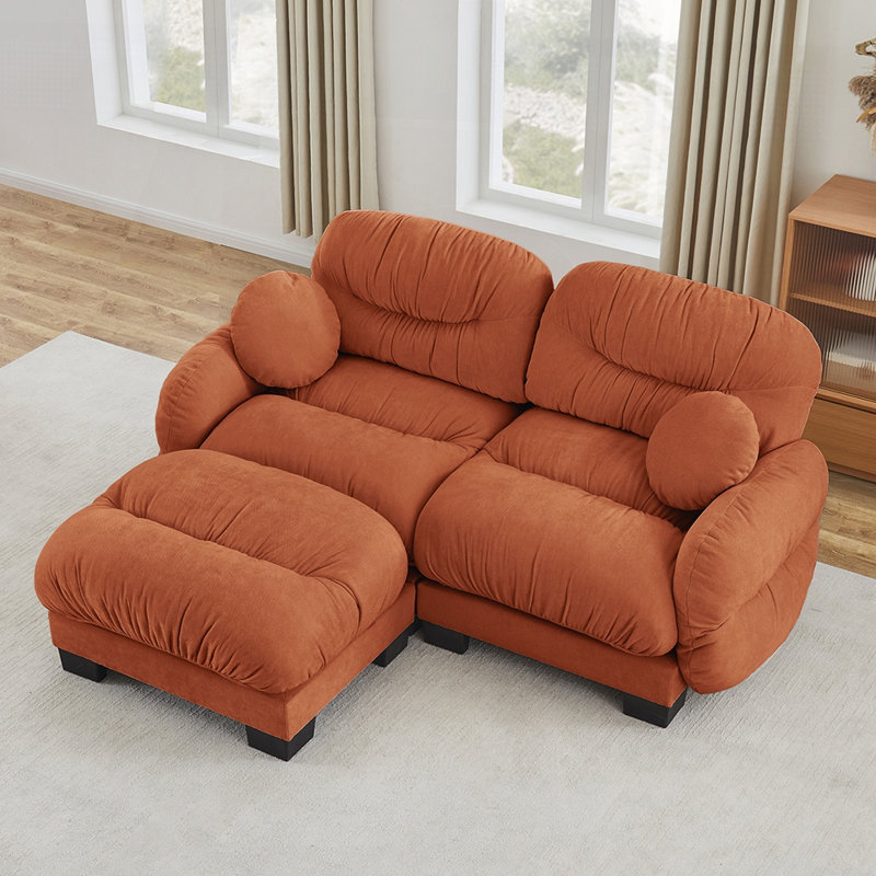 Pleated Design Cozy Chenille Fabric 3 Seater Modular Sofa with High-Density Ergonomic Foam, L Shape Sectional Couch, Curved Armrests, and 2 Round Throw Pillows