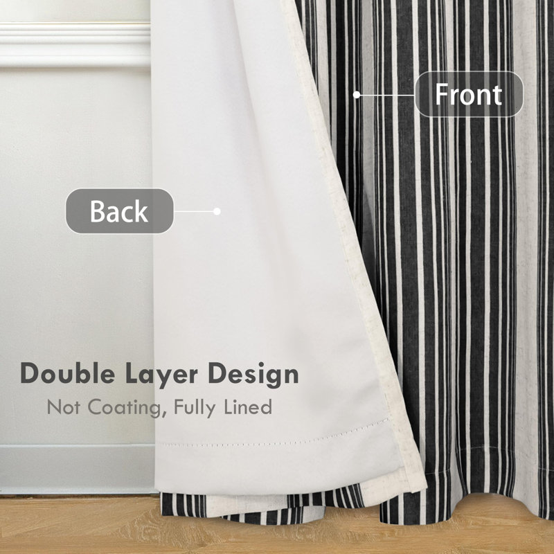 Chris Vertical Striped Linen Blend Lined Thermal Insulated Blackout Rod Pocket Back Tab Curtains, Black, 52" W x 84" L