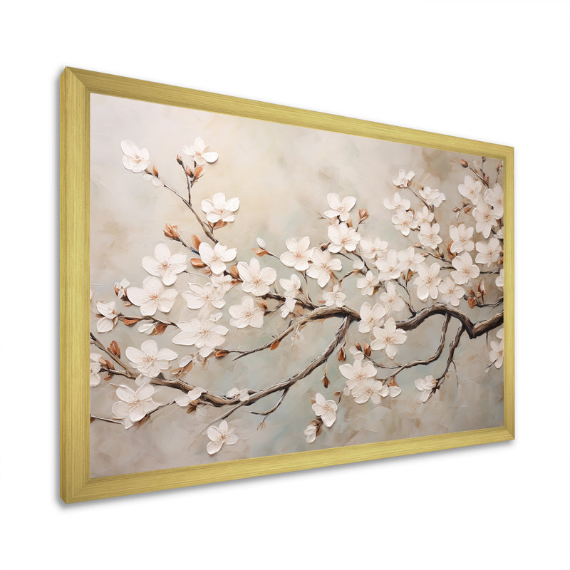 Minimalisme blanc et gris Cherry Blossom III - art mural Cherry Blossom, Cadre doré, H 34 po x l 44 po x P 1,5 po