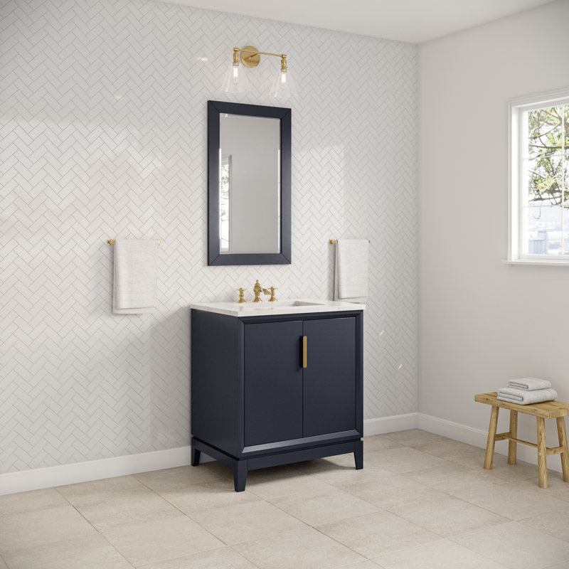 Elizabeth 30" Carrara White Marble Countertop Bath Vanity with Faucet and Mirror, Monarch Blue, Waterfall