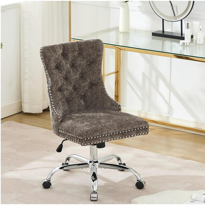 Modern Chenille Upholstered Tufted Button Home Office Chair, Adjustable Desk Chair Swivel Office Chair, Gray