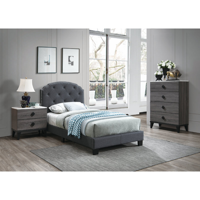Lit plateforme capitonné Jaquavien, Gris anthracite, Lit simple