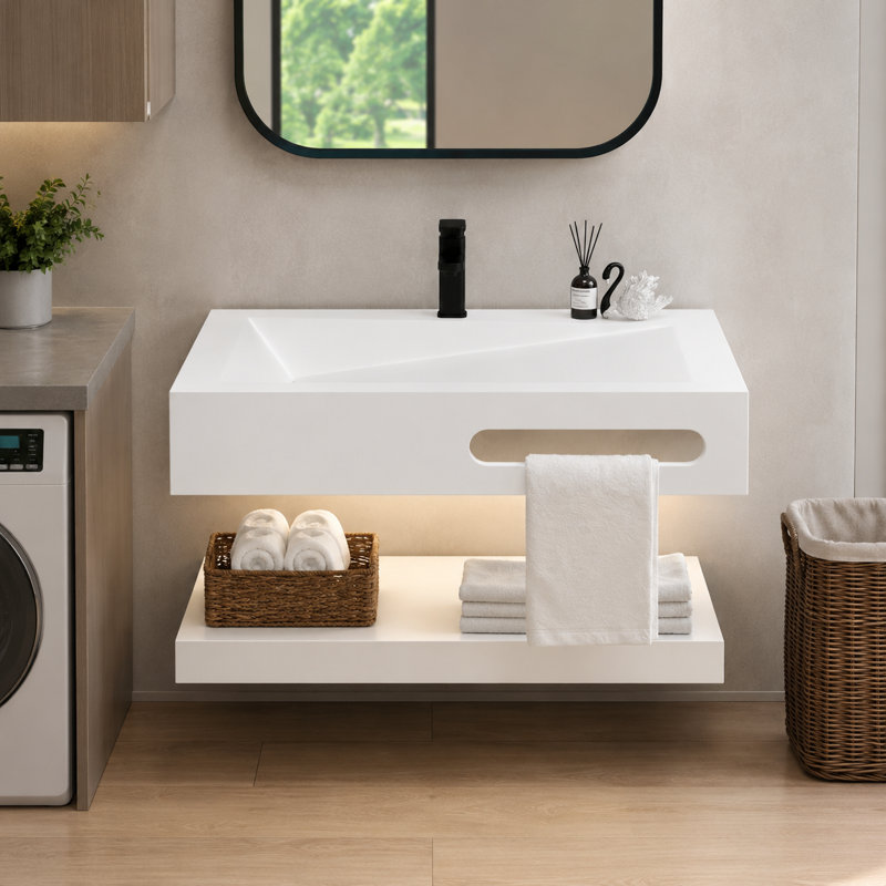 Meuble-lavabo suspendu en résine de pierre de 36 pouces en forme de V avec éclairage DEL activé par le mouvement, tablette ouverte et siphon en P