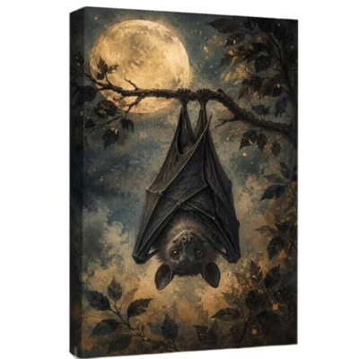 2D Flat 1pc Halloween Bat Canvas Wall Art Gothic Home Decor Full Moon Night Forest Poster Vintage Animal Print.