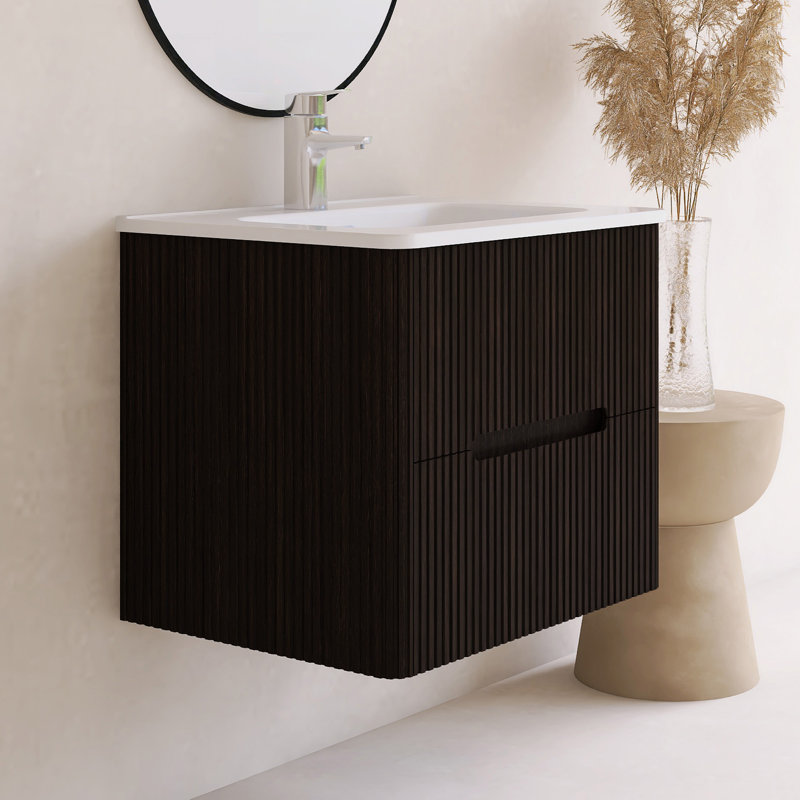 24 Inch Eco-Friendly Bathroom Vanity - Wall-Mounted, Ceramic Integrated Sink & Antibacterial Surface, Dark Brown
