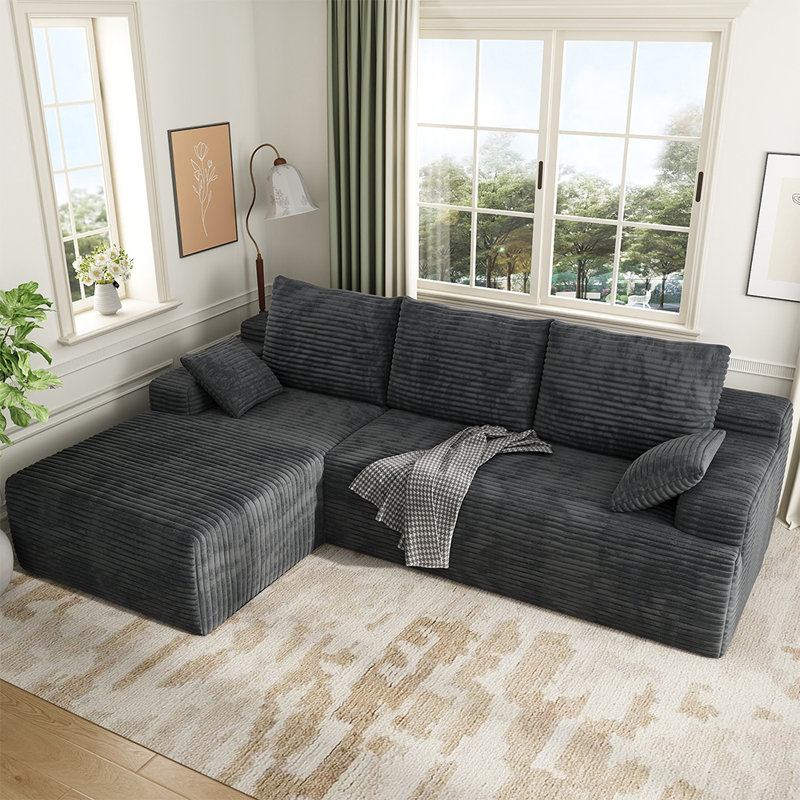 102.7" Modular Corduroy Compression L-Shaped Sectional Sofa with Chaise, Boneless L-Shaped Sectional Couch, High-Density Foam Core, Non-Slip Base, No Assembly Required