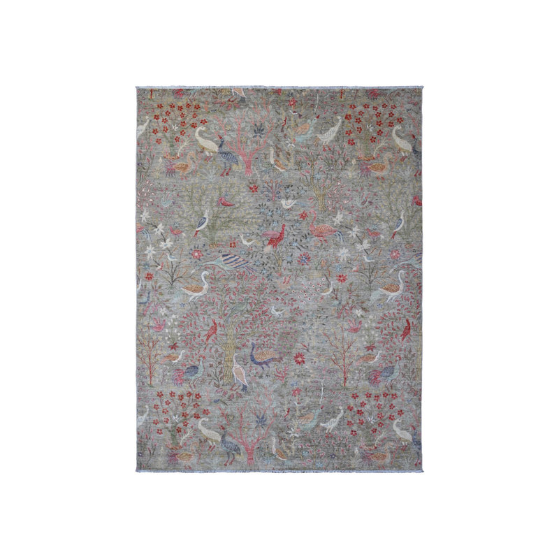 8'10"x12' Jet Grey Afghan Peshawar Bird Design Soft Wool Hand Knotted Rug 54A5485A698D4EA1AC508F470C672F76