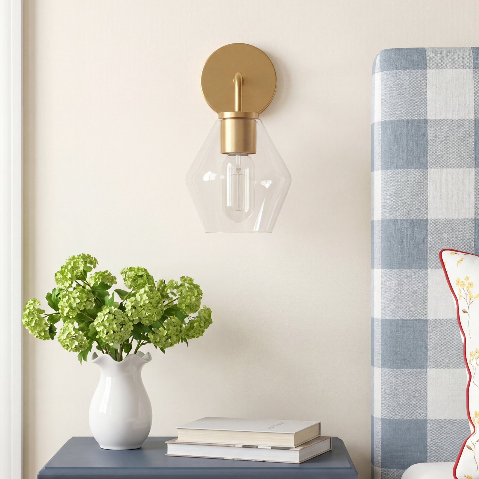 Rooks Single Light Dimmable Armed Sconce, Satin Brass, Clear