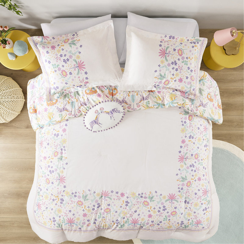 Édredon réversible en coton 3 pièces pour lit simple avec coussin rond mauve et lavable à la machine - rembourrage du coussin