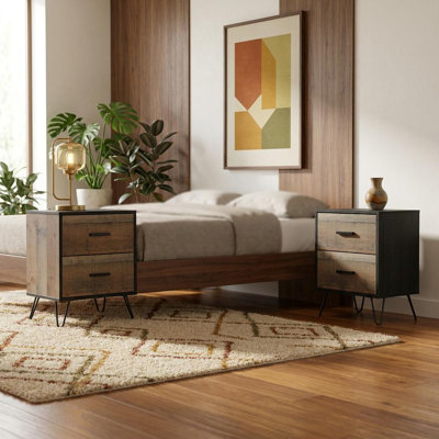 Ensemble de 2 tables de chevet avec tiroirs pleine extension, table de chevet en bois rustique pour la chambre à coucher, décor en métal noir