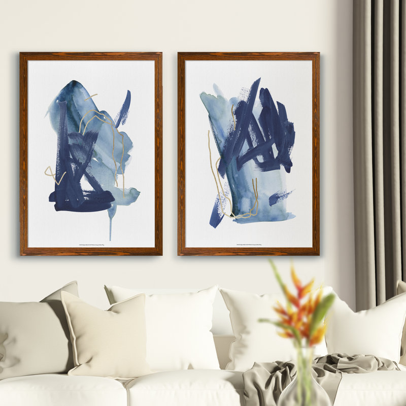 «Indigo Collide I» par Melissa Wang - ensemble de 2 peintures encadrées, H 24 po x l 18 po, Toile encadrée, Espresso