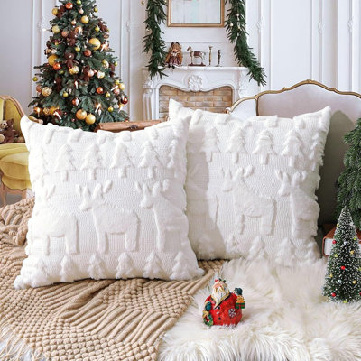 Housses de coussin décoratives de Noël brodées en 3D - blanc - ensemble de 2, 20 x 20 po, fausse fourrure de lapin avec arbre et cerf, fermeture à glissière invisible, respectueux de la peau, décoration des Fêtes pour canapé ou canapé