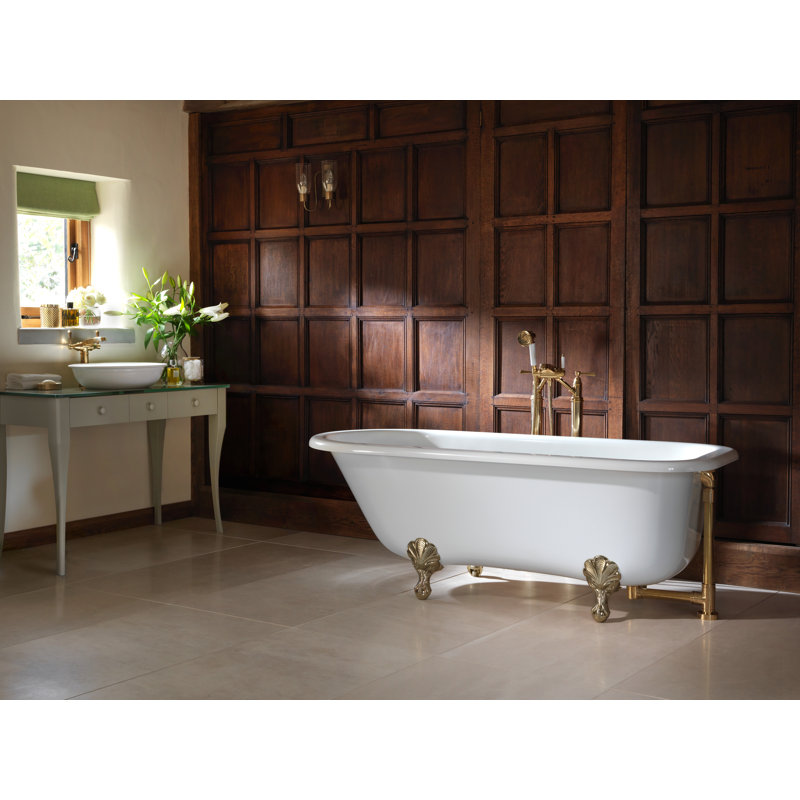 Hampshire 67.13" x 30.5" Freestanding Soaking Bathtub in Volcanic Limestone with Overflow, Polished Nickel