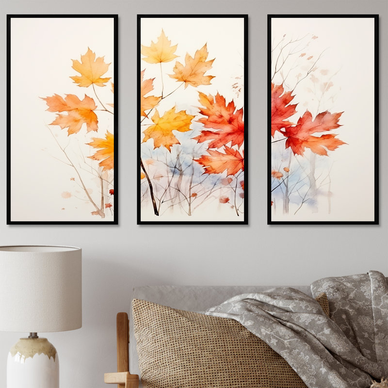 Jaune et orange, feuilles d'automne, beauté I - arbre érable, art mural, Cadre flottant noir, H 28 po x l 36 po x P 1 po
