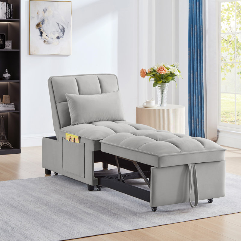 Canapé-lit simple multifonctionnel 4 en 1 avec poches de rangement, canapé-lit simple capitonné avec dossier réglable et coussins, méridienne convertible, gris