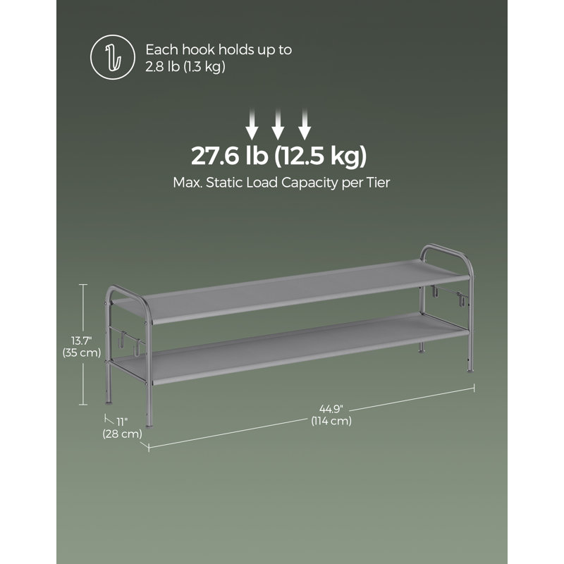 Shoe Rack, 2-Tier Shoe Organizer, Fabric Storage Shelf With 4 Hooks, Holds Up To 12 Pairs, Height-Adjustable, For Entryway, Hallway, Closet, Easy Assembly