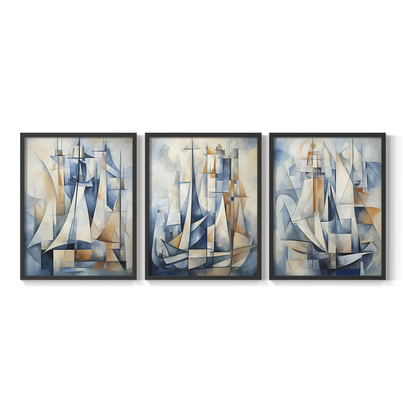 Série Sea and Shore XCII - Ensemble de 3 estampes numériques - Prêt à accrocher, Cadre noir, H 14 po x l 11 po