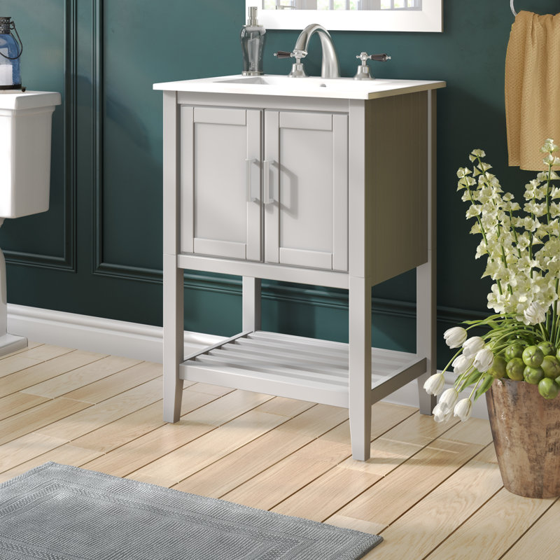 Petersburgh 24'' Single Bathroom Vanity with Ceramic Top, White/Gray