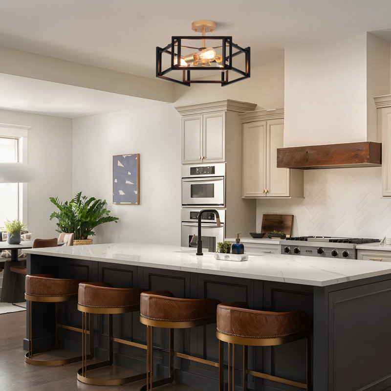 Lepe 3-Light Dimmable Large Geometric Semi Flush Mount Ceiling Light Fixture, Gold/Matte Black