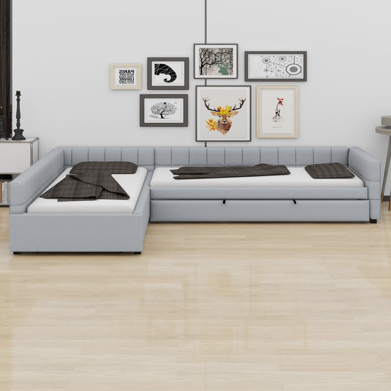 Modern L-Shaped Upholstered Daybed with Pull Out Trundle Bed and Storage Drawer, Grey