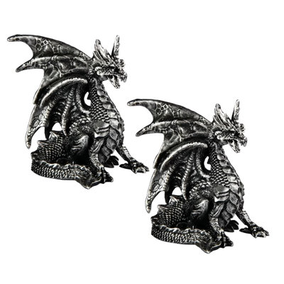 "Ensemble de 2 pièces" ICE ARMOUR Figurine de dragon médiévale argentée de 3,75 po de diamètre, décoration de maison / chambre et idées de cadeaux parfaits pour le réchauffement de la maison, les fêtes et les anniversaires