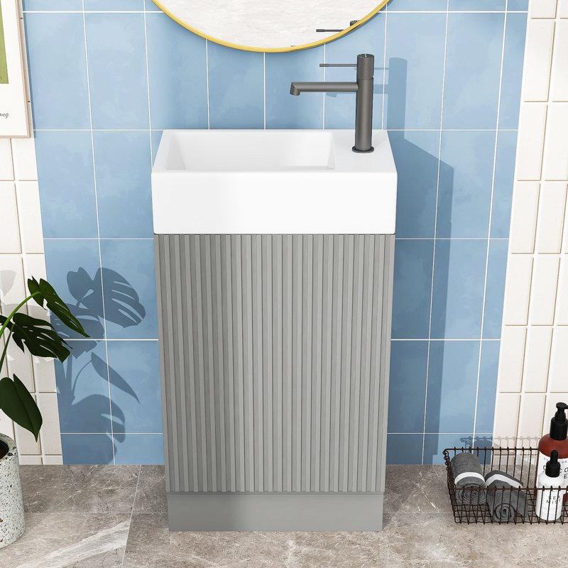 Meuble-lavabo en bois et tablette en céramique, Gris