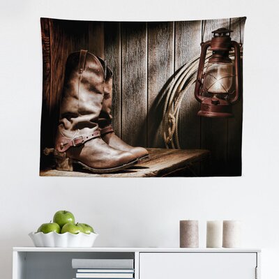 Western Tapestry, Cowboys And Lantern On A Dallas Bench In Vintage Ranch Nostalgic Folkloric Photograph, Fabric Wall Hanging Decor For Bedroom Living -  East Urban Home, BA1CCFFA2CDC438DAA8C70BED7A4B797
