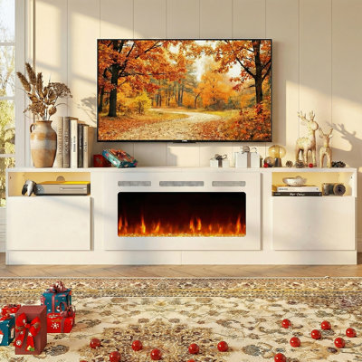 Meuble télé 90 po avec foyer électrique WiFi 50 po inclus, console multimédia moderne pour téléviseur de 98 po ou moins, lumières DEL, armoires de rangement et tablettes