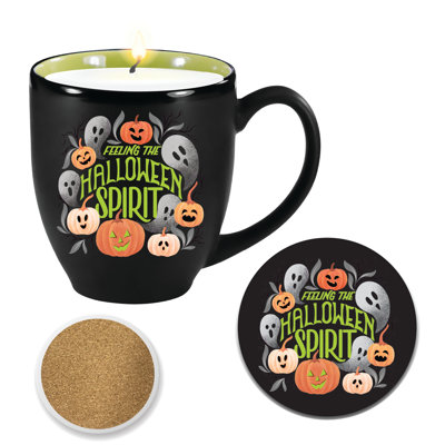 Tasse en céramique d'Halloween avec chandelle parfumée à la cire de soja « Pumpkin Smash » de 370 g et sous-verre assorti