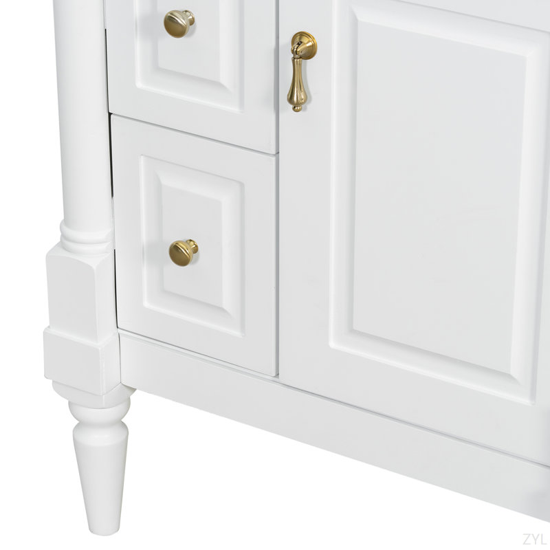 24 Inch Bathroom Vanity With Sink, White Freestanding Bathroom Cabinet With Flip Drawer, Adjustable Shelf, Solid Rubberwood Frame, MDF Panels & Metal Handles