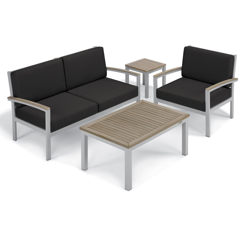 Travira 4 Piece Sofa Set with Cushions, Vintage Teakwood, Midnight Blue