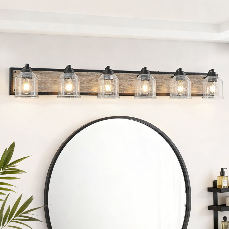 Éclairage pour meuble-lavabo Franchelle Farmhouse, applique murale noire avec abat-jour en verre transparent, panneau arrière en fer résistant à l'humidité