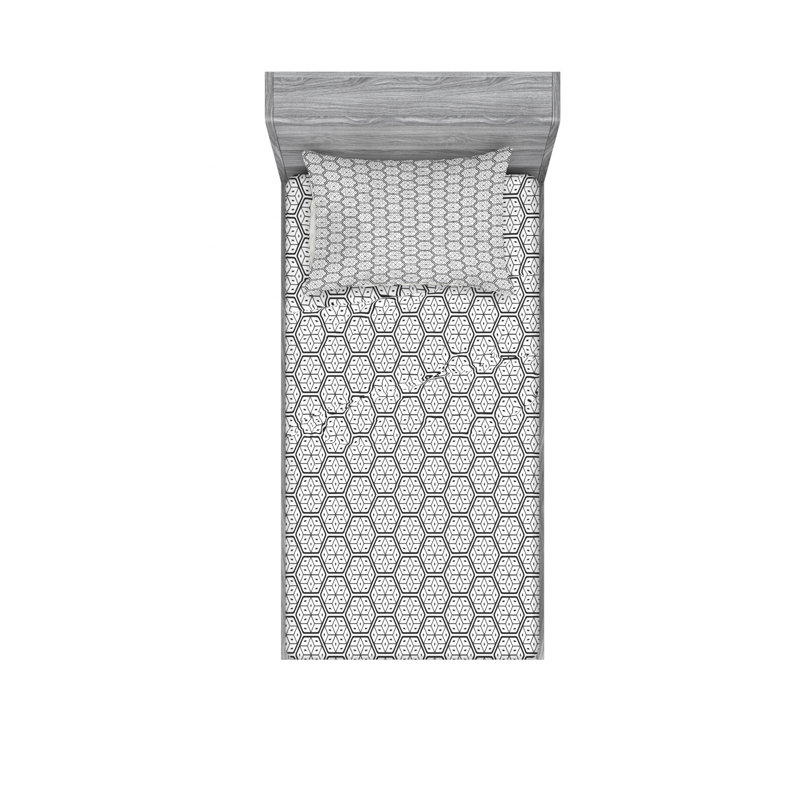 Ensemble de draps hexagonaux superposés, Gris / noir, Ensemble de draps pour lit simple TG avec drap-hou, Géométrique