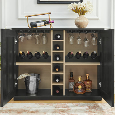 Armoire à liqueur évidée cannelée de style Mid-Century, armoire buffet avec porte-verres à vin et support à vin, armoire de rangement pour le salon, le vestibule, le couloir, la salle à manger, la cuisine