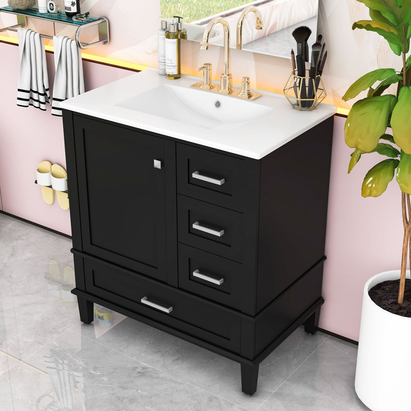 Armoire de meuble-lavabo 30 po à 3 tiroirs, Argent, Noir