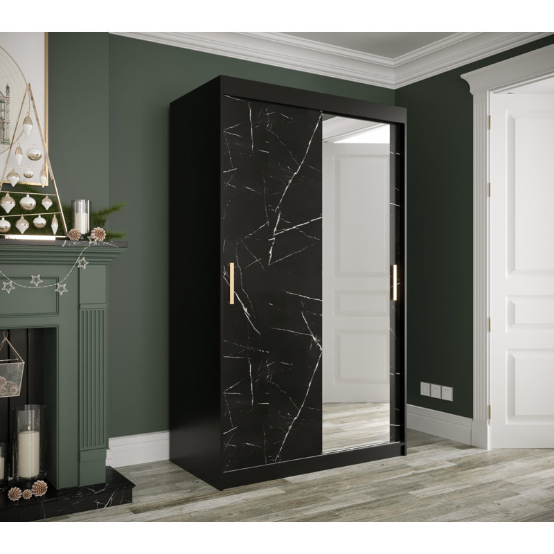 Blerata 2 Door Manufactured Wood Wardrobe, 200cm H x 120cm W x 62cm D, Black Matt/Black Matble