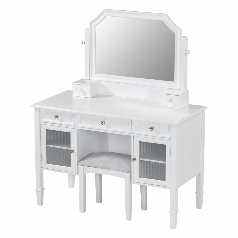 44.4" Makeup Vanity Desk With Large Adjustable Mirror, Dressing Table Set With Drawer & Cabinet, Space-Saving Beauty Station For Bedroom, White