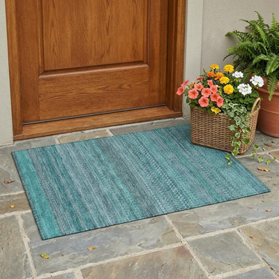 Tapis extérieur lavable antidérapant à rayures turquoise 2 pi x 3 pi