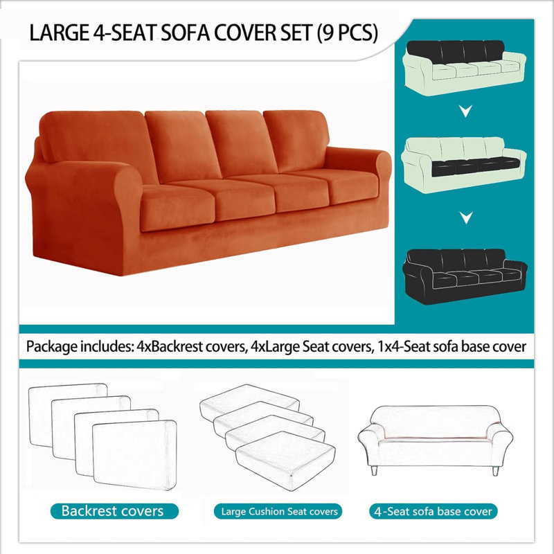 Sofa Cover With Separate Seat Cushions And Backrests Stretch Velvet Sofa Slipcover Couch Covers Furniture Protector Split Combined (Large 4 Seat Set 9 PCS)