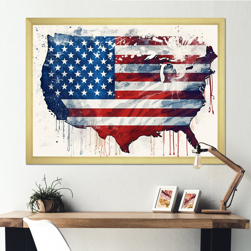 Aquarelle, drapeau américain IV - drapeau États-Unis, art mural, Cadre doré à coins fermés, H 12 po x l 20 po x P 1 po