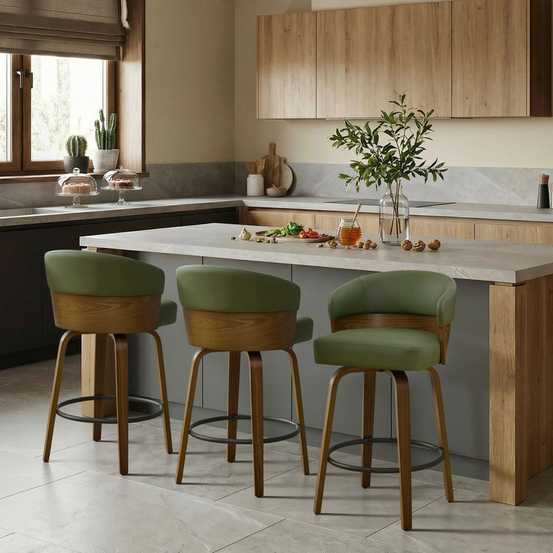 Mid-Century Modern Walnut Bentwood Swivel Bar Stool With Thick Cushioned Seat & 350 Lbs Capacity(Set Of 3), Green, 3