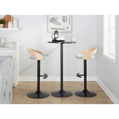 Tabouret de bar réglable avec pivot en métal noir, bois naturel et tissu vert clair avec repose-pieds arrondi en T - ensemble de 3