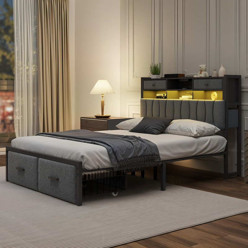 Uphostered Storage Bed With LED Bookcase Headboard, 2 Underbed Drawers & Charging Station, Full / Double
