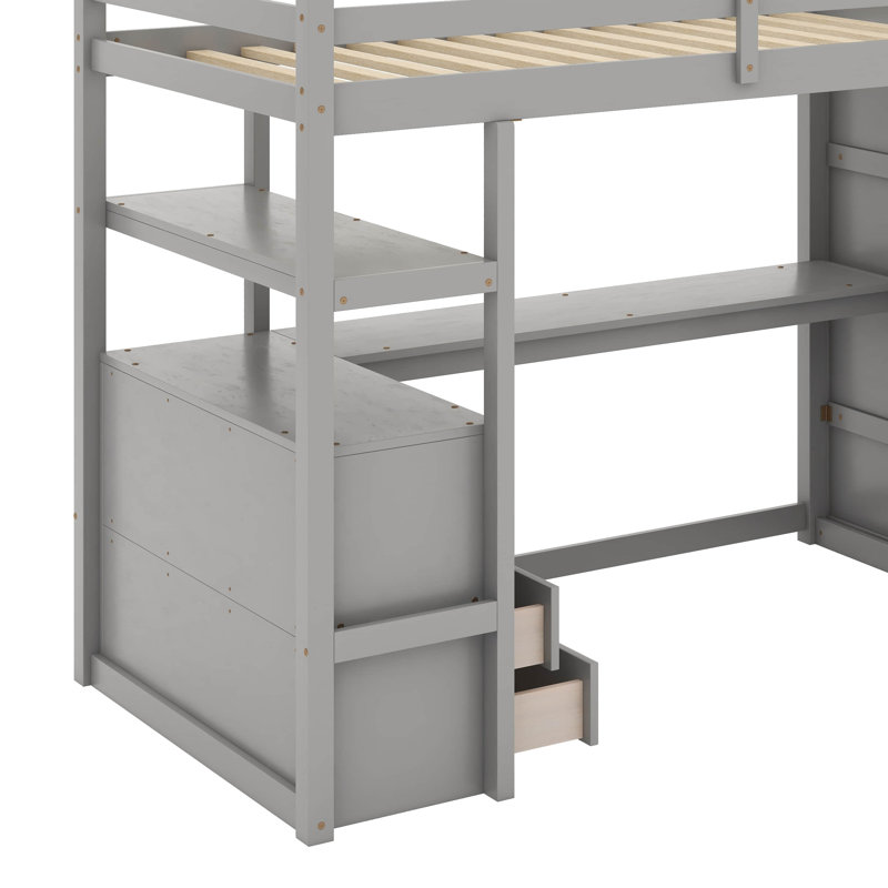 Lit mezzanine simple avec bureau et tablettes, Gris