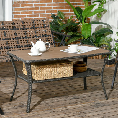 Table basse Pe avec espace de rangement suffisant - Côté extérieur tissé à la main pour le jardin, le porche, le plateau en bois-plastique composite à 2 couches de la cour arrière, patio brun mixte